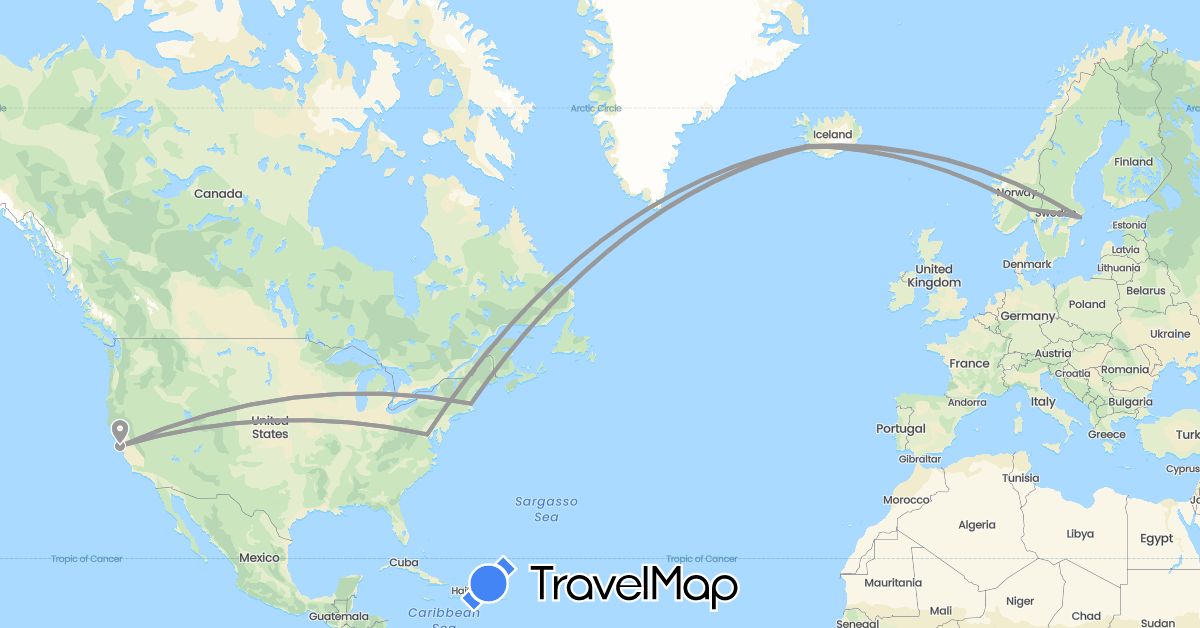 TravelMap itinerary: driving, plane in Iceland, Norway, Sweden, United States (Europe, North America)